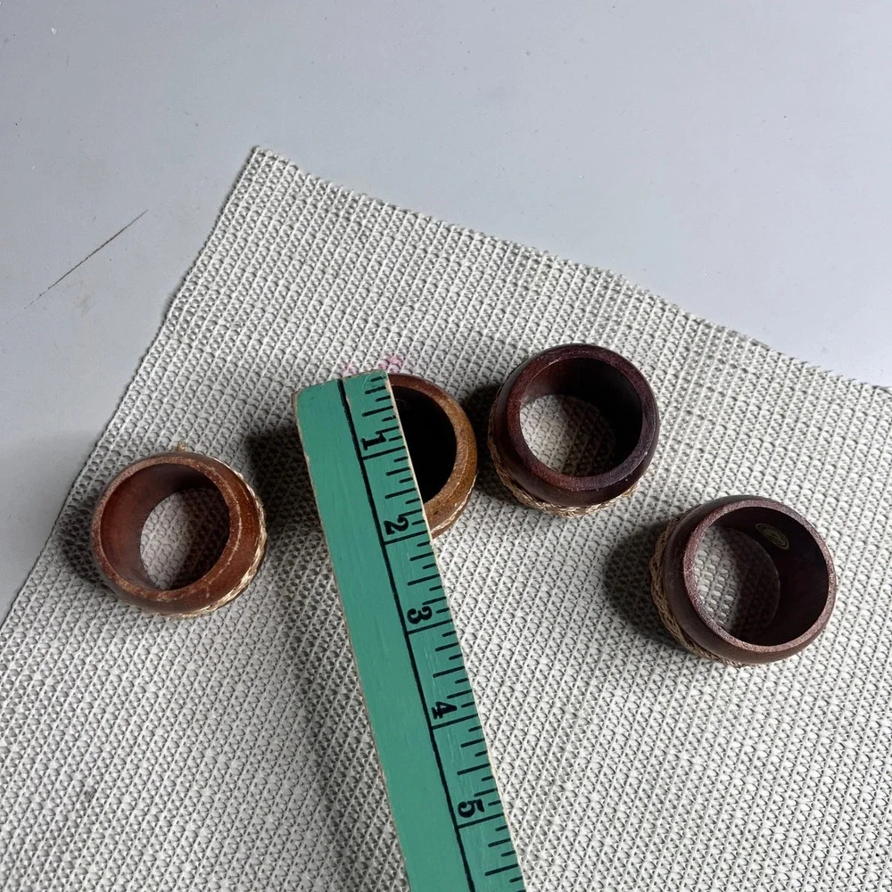 Vintage Wood Napkin Rings Set of 4 Woven Jute Inlay Boho Rustic Philippines‎